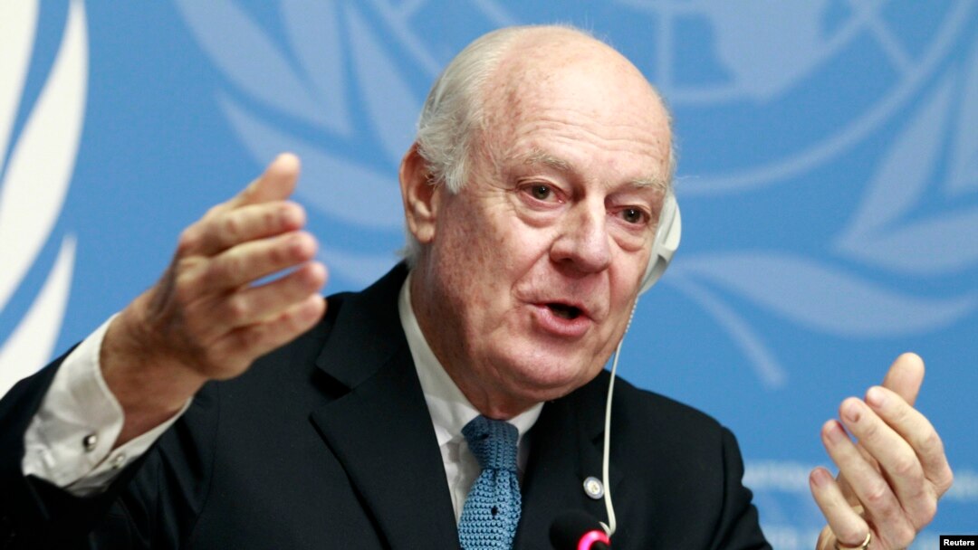 FILE - United Nations Special Envoy of the Secretary-General for Syria Staffan de Mistura speaks to media during a news conference in Geneva, Jan. 15, 2015.