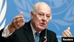 FILE - United Nations Special Envoy of the Secretary-General for Syria Staffan de Mistura speaks to media during a news conference in Geneva, Jan. 15, 2015.