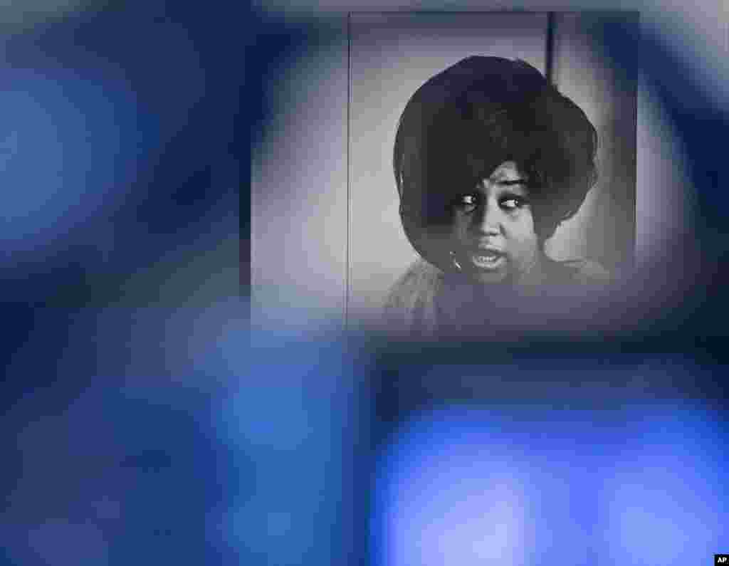 A photo of Aretha Franklin by Linda McCartney is seen behind a camera during the press preview at the exhibition 'Sixties' by Linda McCartney in the Avant-garde House of Art in Apolda, Germany. 