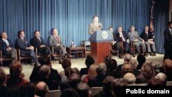 President Reagan speaking at the podium during the ceremony establishing the National Endowment for Democracy, Dec. 16, 1983 COURTESY REAGAN LIBRARY