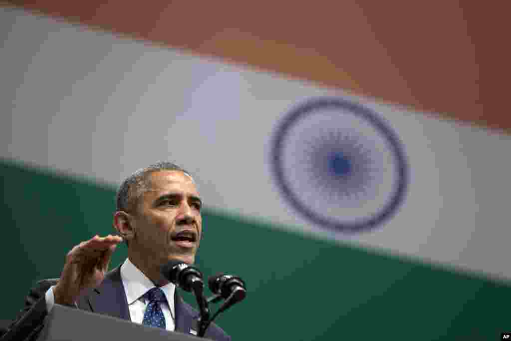 President Barack Obama speaks at the Siri Fort Auditorium in New Delhi, India, Tuesday, Jan. 27, 2015.