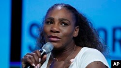 FILE - Tennis star Serena Williams speaks in Las Vegas, Nevada, Sept. 14, 2018. 