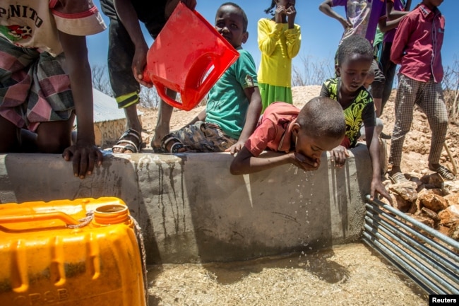 FILE - Children drink water delivered by a truck in the drought stricken Baligubadle village near Hargeisa, the capital city of Somaliland, in this handout picture provided by The International Federation of Red Cross and Red Crescent Societies on March 15, 2017.