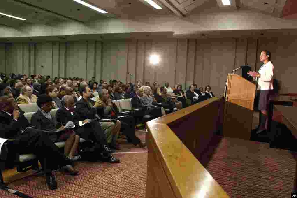 Susan Rice, U.S. ambassador to the United Nations, speaks to students and faculty at the Howard University School of Law in Washington, October 8, 2009. 