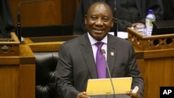 South Africa's new president, Cyril Ramaphosa, delivers his State of the Nation address in parliament in Cape Town, South Africa, Feb. 16, 2018. 