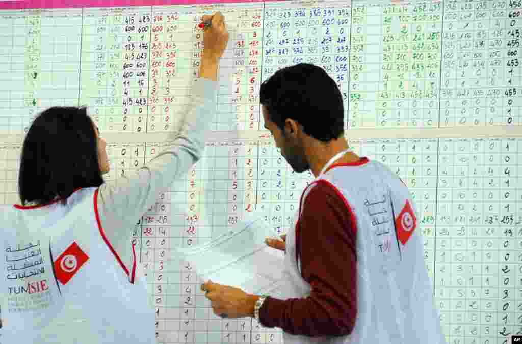 튀니지에서 첫 직선제 대통령 선거를 치른 가운데, 튀니지아의 한 개표소에서 개표요원들이 개표 결과를 기록하고 있다.