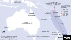 Map showing the path of Cyclone Pam over Vanuatu, near Australia