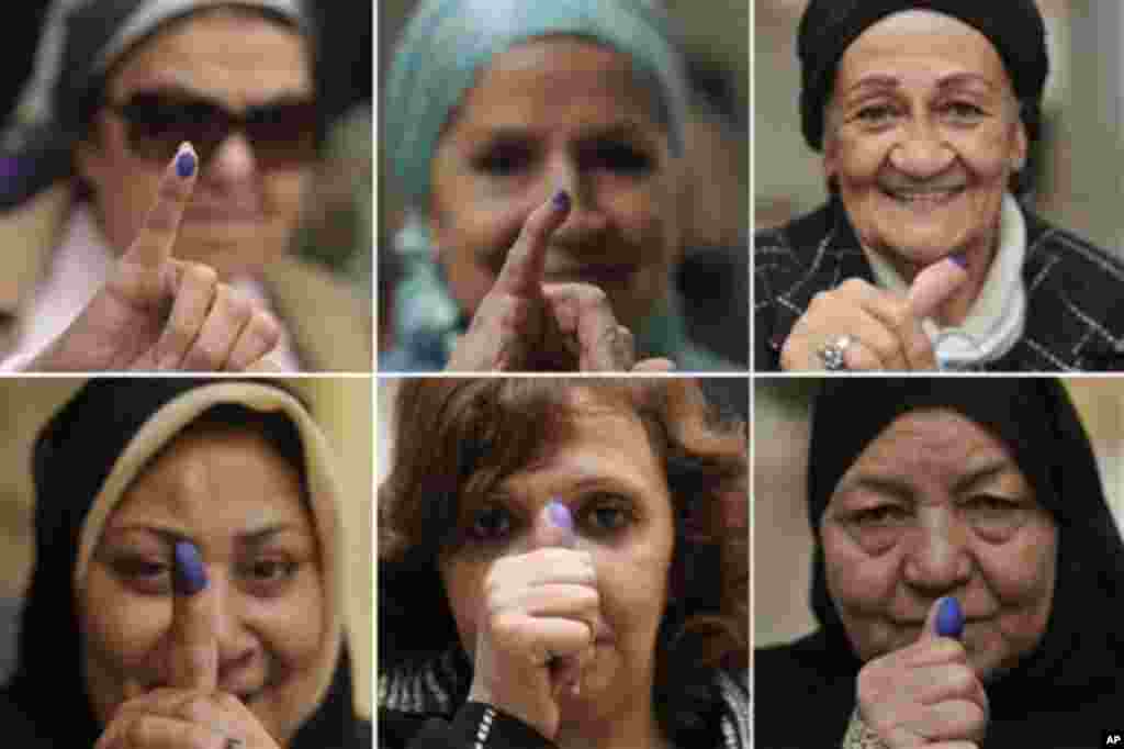 In this combo image made from six photos, Egyptian women pose with their inked fingers after voting at a polling station in Cairo, Egypt, Tuesday, Nov. 29, 2011. Long lines formed at polling stations for a second day of voting Tuesday and the head of the 