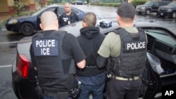 This photo released by U.S. Immigration and Customs Enforcement shows foreign nationals being arrested during a targeted enforcement operation aimed at immigration fugitives, re-entrants and at-large criminal aliens in Los Angeles, Feb. 7, 2017. 