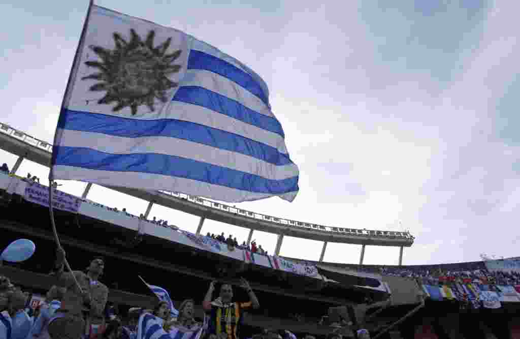 Uruguay's soccer fans cheer before the Copa America final match between Paraguay and Uruguay in Buenos Aires, Argentina, Sunday, July 24, 2011. (AP Photo/Ricardo Mazalan)