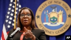 New York state Attorney General Letitia James takes a question after announcing that the state is suing the National Rifle Association, during a press conference, Aug. 6, 2020, in New York. 