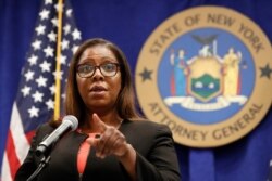 New York state Attorney General Letitia James takes a question after announcing that the state is suing the National Rifle Association, during a press conference, Aug. 6, 2020, in New York.