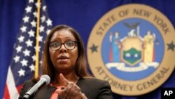 New York state Attorney General Letitia James takes a question after announcing during a news conference that the state is suing the National Rifle Association, Aug. 6, 2020, in New York. 