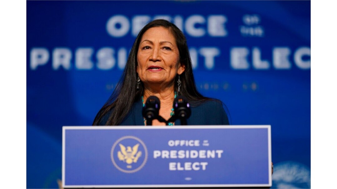 FILE - The Biden administration's nominee for interior secretary, Rep. Deb Haaland, D-N.M., speaks at The Queen Theater in Wilmington Del., Dec. 19, 2020.