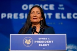 FILE - The Biden administration's nominee for interior secretary, Rep. Deb Haaland, D-N.M., speaks at The Queen Theater in Wilmington Del., Dec. 19, 2020.