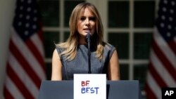 First lady Melania Trump speaks at the opening of a program for the first lady's Be Best initiative in the Rose Garden of the White House, May 7, 2019, in Washington. 