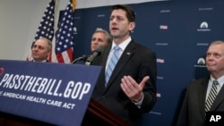 House Speaker Paul Ryan of Wisconsin, joined by, from left, House Majority Whip Steve Scalise, R-La., House Majority Leader Kevin McCarthy of Calif., and Rep. Tim Walberg, R-Mich., chairman of the House Subcommittee on Health, Employment, Labor, and Pensions, talks to reporters on Capitol Hill in Washington, March 21, 2017.