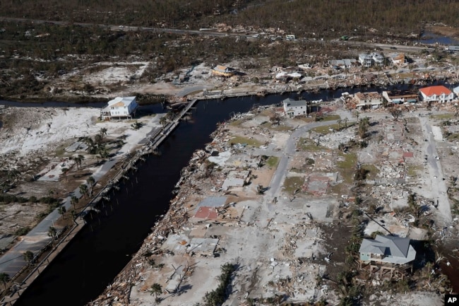 FILE - Devastation from Hurricane Michael is visible including the area around Bonny Paulson's home, center top, in Mexico Beach, Fla., Friday, Oct. 12, 2018. (AP Photo/Gerald Herbert)