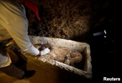 Seorang arkeolog Mesir memeriksa mumi dalam peti mati di situs arkeologi Tuna el-Gebel di Mesir, 2 Februari 2019. (Foto: Reuters)