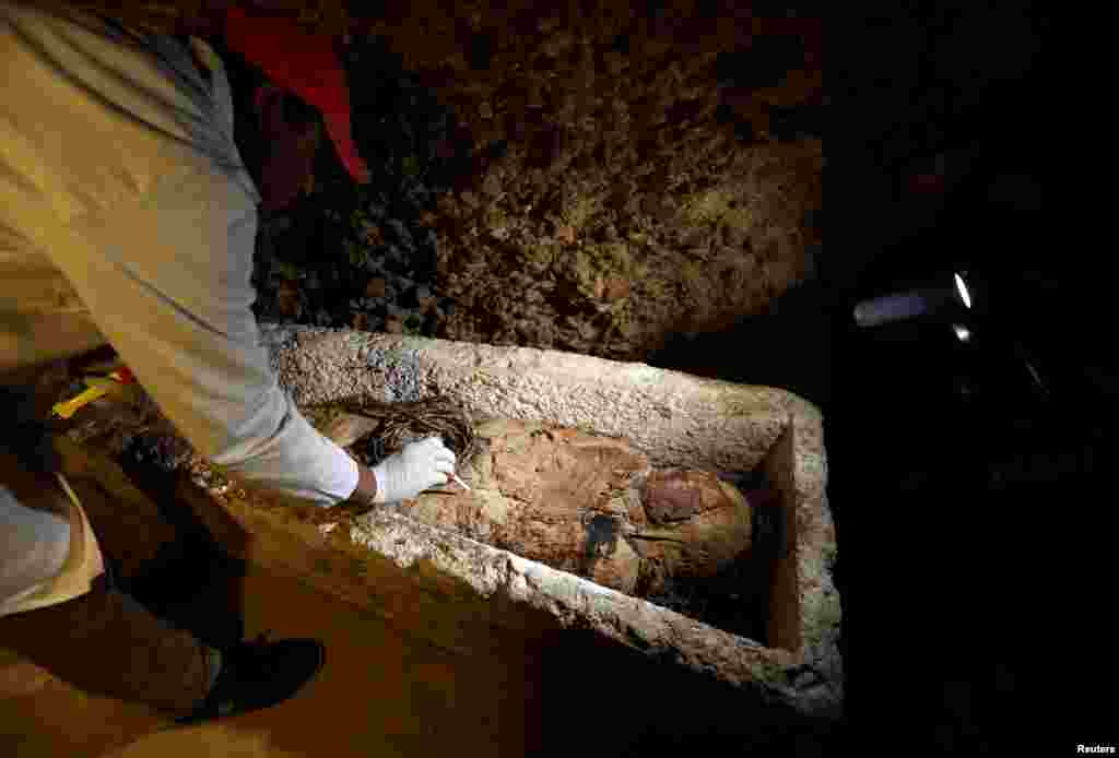 A Egyptian archaeologist examines a mummy in a coffin inside a tomb during the presentation of a new discovery at Tuna el-Gebel archaeological site in Minya Governorate, Egypt, Feb. 2, 2019.