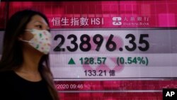 A woman walks past a bank's electronic board showing the Hong Kong share index at Hong Kong Stock Exchange Tuesday, Oct. 6, 2020. Shares advanced in on Tuesday Asia after hopes for economic aid from Washington helped Wall Street recover its losses…