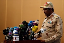 Gen. Mohammed Hamdan Dagalo, the deputy head of the military council speaks at a ceremony in the capital Khartoum, Sudan, Aug. 4, 2019.