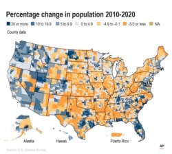 A county map of the United States and Puerto Rico shows percentage change in population from 2010 to 2020.