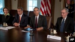 President Barack Obama, joined by (L-R) House Minority Leader Nancy Pelosi, House Speaker John Boehner and Senate Majority Leader Mitch McConnell, speaks to the media after a meeting at the White House, Jan. 13, 2014.