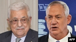 FILE - At left, Palestinian President Mahmoud Abbas is seen in a handout photo provided by the Palestinian Authority's press office, Aug. 1, 2021; and Israeli Defense Minister Benny Gantz is seen on June 7, 2021.