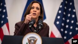 U.S. Vice President Kamala Harris briefs French and American reporters at the Intercontinental Paris Le Grand Hotel in Paris, France, Nov. 12, 2021.