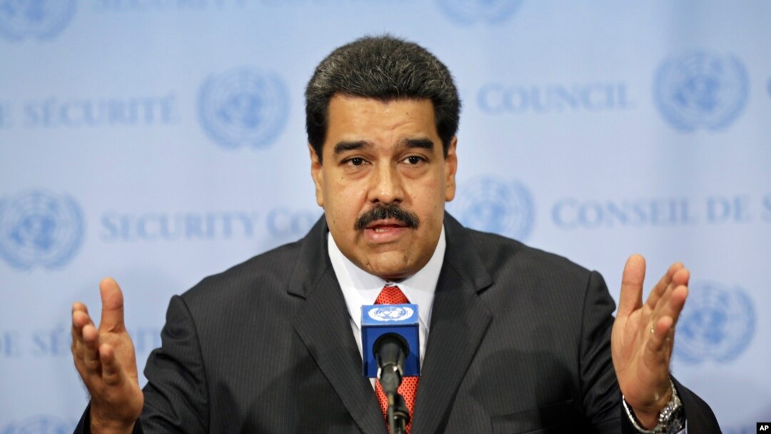 FILE - Venezuelan President Nicolas Maduro speaks to reporters at United Nations headquarters in New York, July 28, 2015.