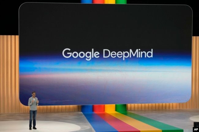 FILE - Alphabet CEO Sundar Pichai speaks about Google DeepMind at a Google I/O event in Mountain View, Calif., May 10, 2023. (AP Photo/Jeff Chiu, File)