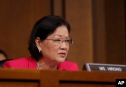 FILE - Senate Judiciary Committee member Sen. Mazie Hirono, D-Hawaii, speaks on Capitol Hill in Washington, March 20, 2017.
