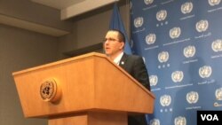 El canciller del gobierno en disputa de Venezuela, Jorge Arreaza, en conferencia de prensa en la ONU el martes 12 de enero de 2019.