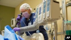 FILE - An organ procurement coordinator works on the lungs of an organ donor at Mid-America Transplant Services in St. Louis, Feb. 21, 2014. Advancements are being made in growing human organs for transplant from animals such as pigs.