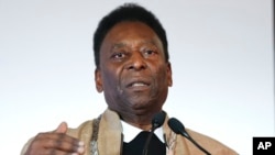 Brazilian soccer great Pele speaks after being awarded with the Olympic order at the Pele Museum in Santos, Brazil, June 16, 2016. Rio de Janeiro will host the Olympic games starting on Aug. 5.