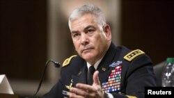 FILE - U.S. Army General John Campbell, commander of the Resolute Support Mission, testifies at a Senate Armed Services Committee hearing on Capitol Hill in Washington, Oct. 6, 2015. 