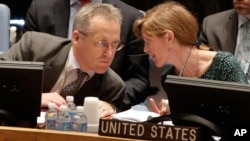 U.S. Ambassador Samantha Power talks with British delegate Michael Tatham during a United Nations Security Council meeting at U.N. headquarters in New York, Aug. 29, 2013. 
