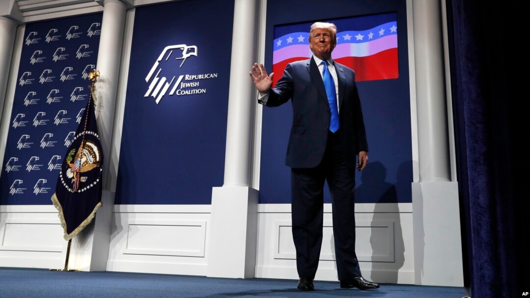 FILE - President Donald Trump waves as he leaves the stage after speaking at the Republican Jewish Coalition's annual leadership meeting, April 6, 2019, in Las Vegas, Nevada.