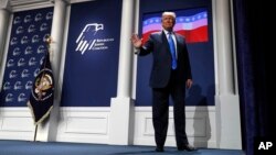 FILE - President Donald Trump waves as he leaves the stage after speaking at the Republican Jewish Coalition's annual leadership meeting, April 6, 2019, in Las Vegas, Nevada.