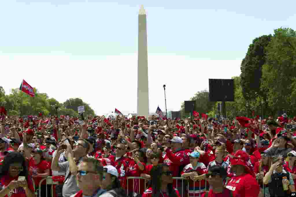 Washington Capitals NHL hockey team fans cheer during a victory parade and rally at the National Mall in Washington.
