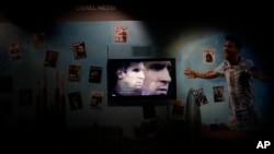 An image of Lionel Messi is displayed on a digital screen in the Museum of Sport in Rosario, Argentina, Dec. 5, 2019.