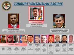 This image provided by the U.S. Department of Justice shows a poster of Venezuelan leaders, March 26, 2020. The U.S. Justice Department has indicted Venezuela's socialist leader Nicolás Maduro and several key aides on charges of narcoterrorism.