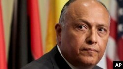 FILE -- In this May 11, 2016 file photo, Egypt's Foreign Minister Sameh Shoukry listens during a press conference after heading a Security Council meeting on terrorism, at U.N. headquarters.