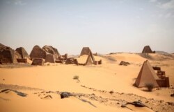 FILE - This April 16, 2015 photo shows a general view of the historic Meroe pyramids site, in al-Bagrawiya, 200 kilometers (125 miles) north of Khartoum, Sudan.