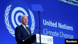 U.S. President Joe Biden speaks during the UN Climate Change Conference (COP26) in Glasgow, Scotland, Britain, Nov. 1, 2021. 