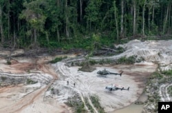 In this May 4, 2018 photo released by Ibama, the Brazilian Environmental and Renewable Natural Resources Institute, members of a specialized inspection group of Ibama walk with their weapons up through an area affected by illegal mining, after landing in helicopters in Munduruku indigenous lands in Para state in Brazil's Amazon basin.