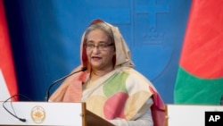 FILE - Bangladeshi Prime Minister Sheikh Hasina speaks at a news conference in Budapest, Hungary, Nov. 29, 2016.