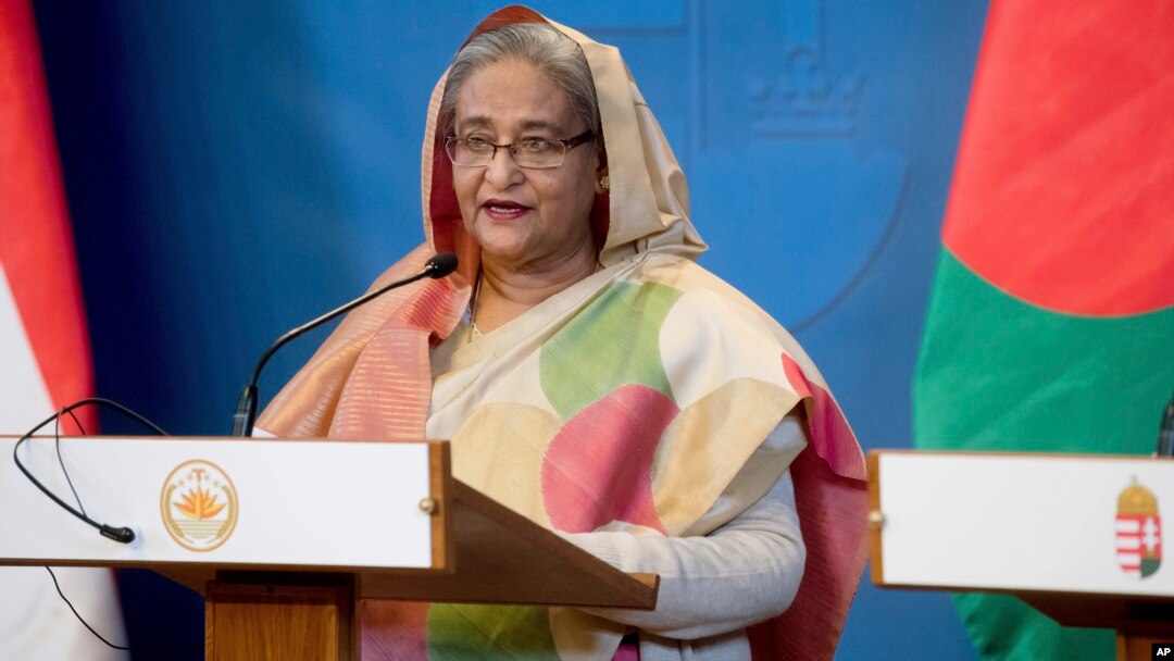 FILE - Bangladeshi Prime Minister Sheikh Hasina speaks at a news conference in Budapest, Hungary, Nov. 29, 2016. 