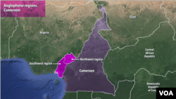 Map of Cameroon's Anglophone Northwest and Southwest regions